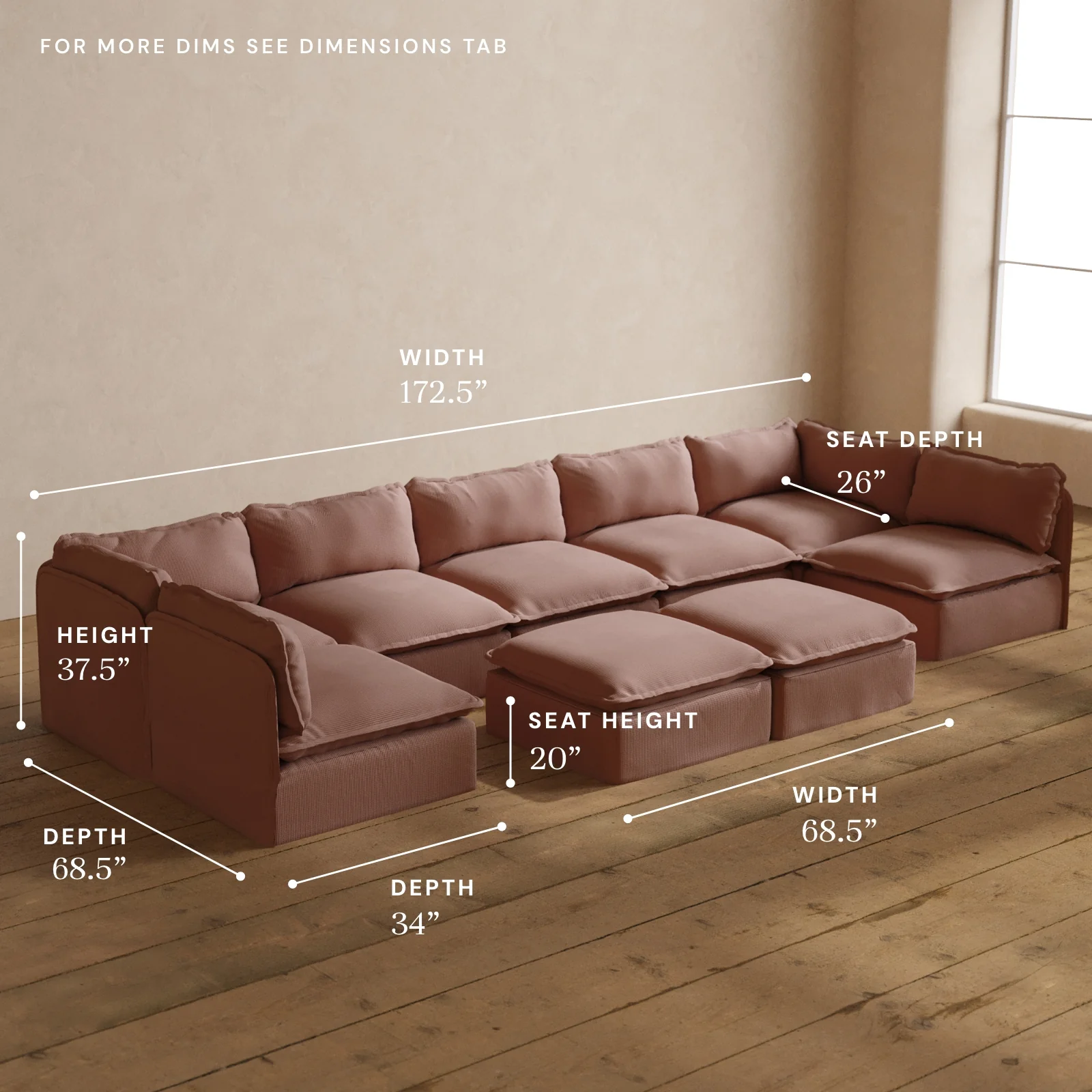 Modular Washable 7-Seater Open-Ends U-Sectional + Bench Ottoman in Sakura | Deluxe+ Seat | Cloud Pillow - Image 5