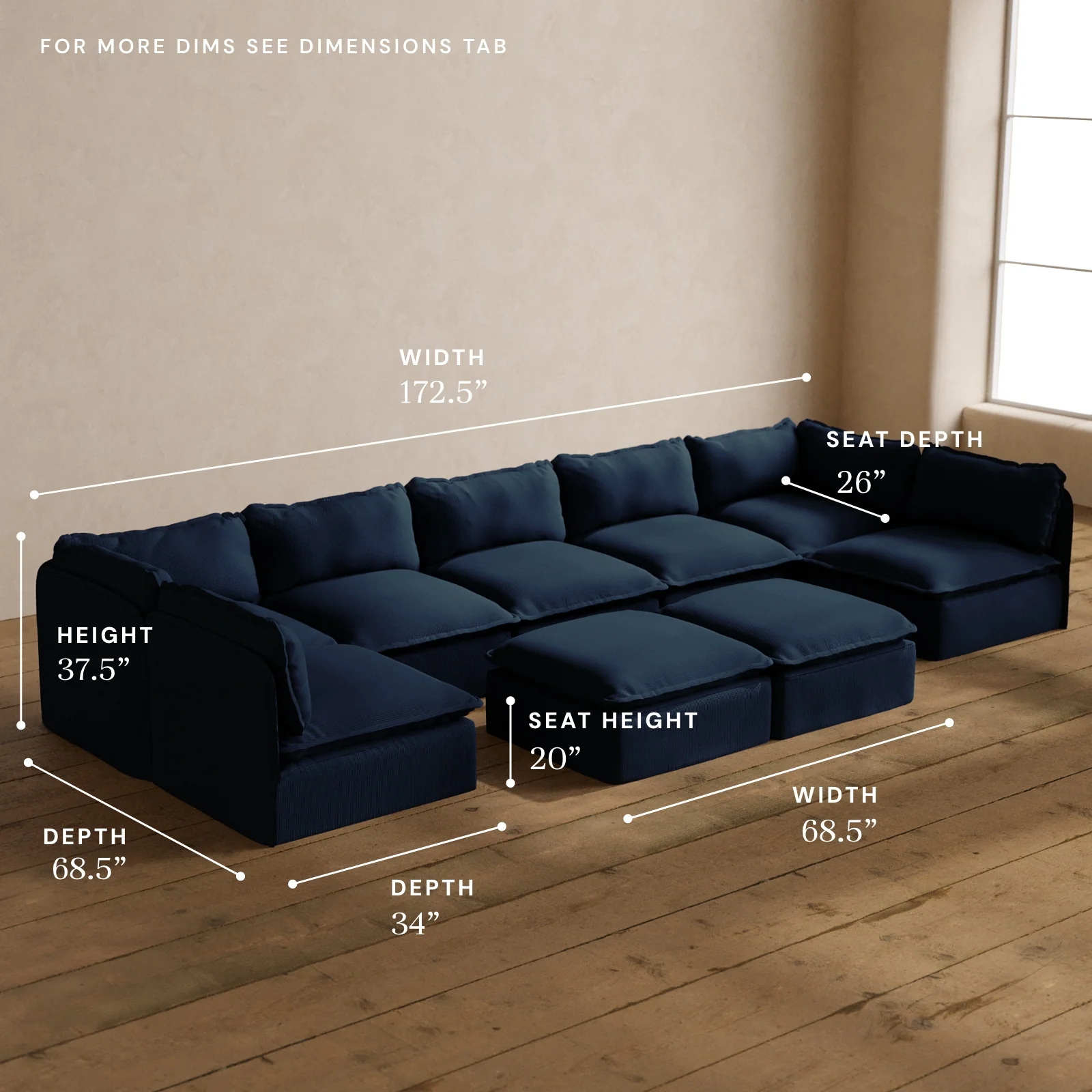 Modular Washable 7-Seater Open-Ends U-Sectional + Bench Ottoman in Sumi | Deluxe+ Seat | Cloud Pillow - Image 5