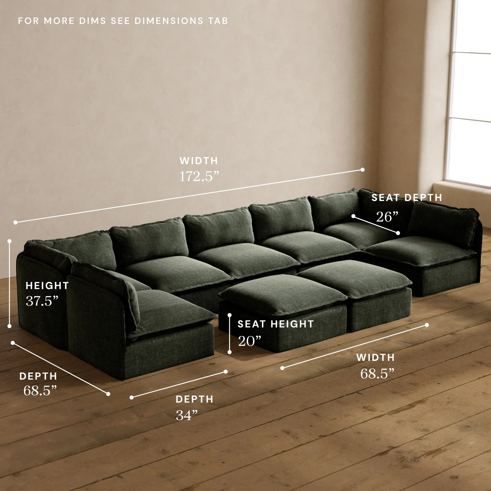 Modular Washable 7-Seater Open-Ends U-Sectional + Bench Ottoman in Willow | Memorix+ Seat | Contour Pillow - Image 5