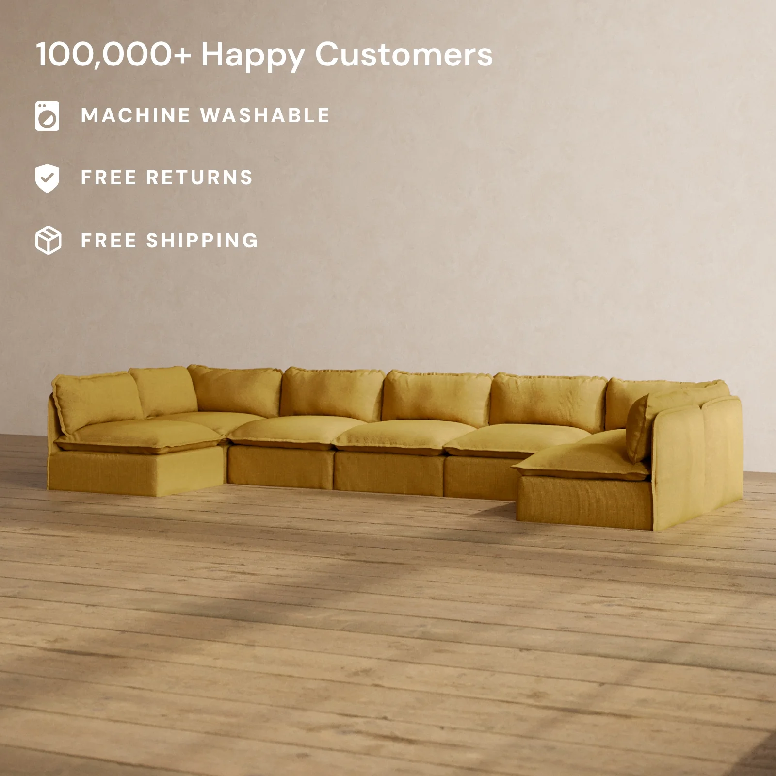 Modular Washable 7-Seater Open-Ends U-Sectional in Kiiro | Memorix+ Seat | Contour Pillow - Image 2