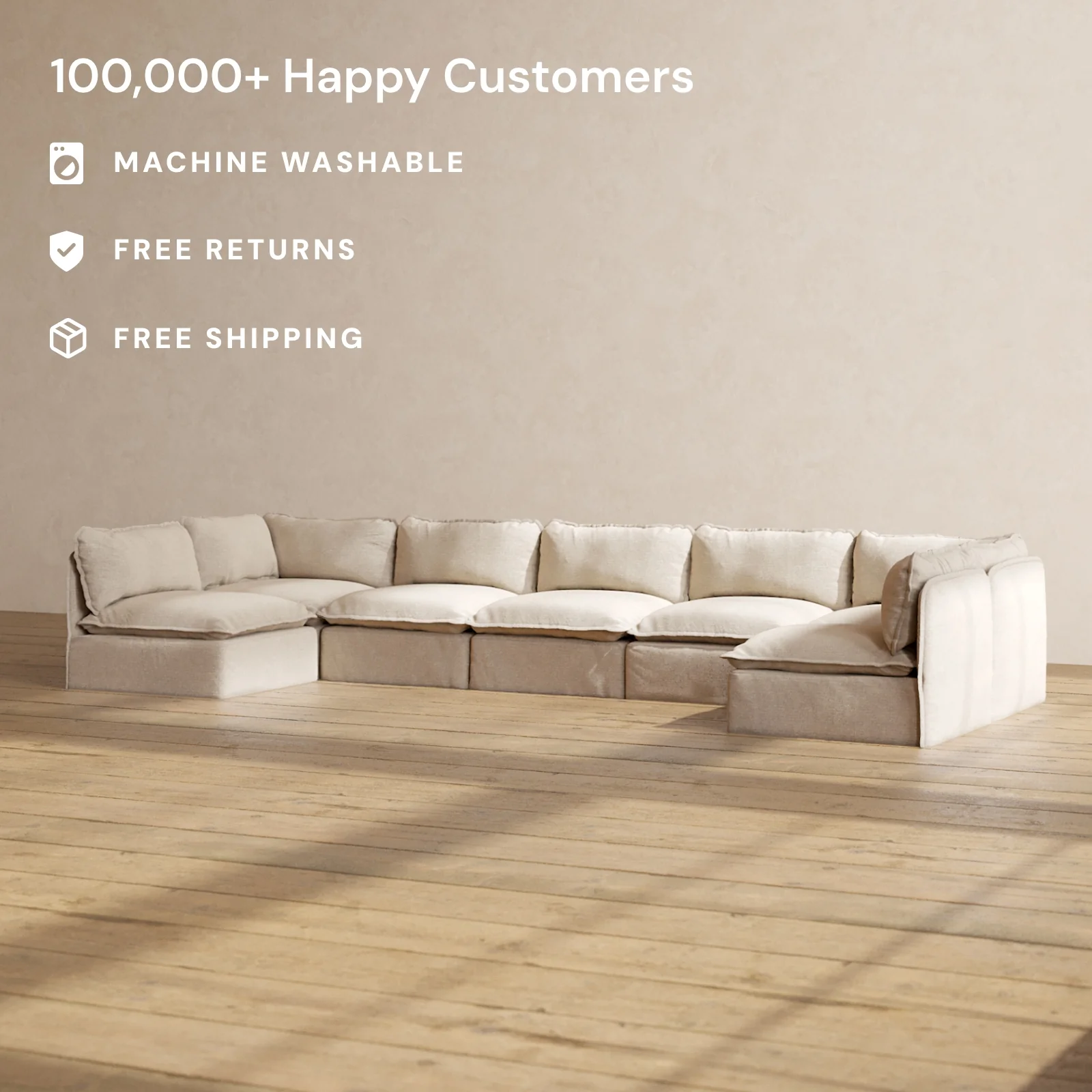 Modular Washable 7-Seater Open-Ends U-Sectional in Oat | Deluxe+ Seat | Cloud Pillow - Image 2