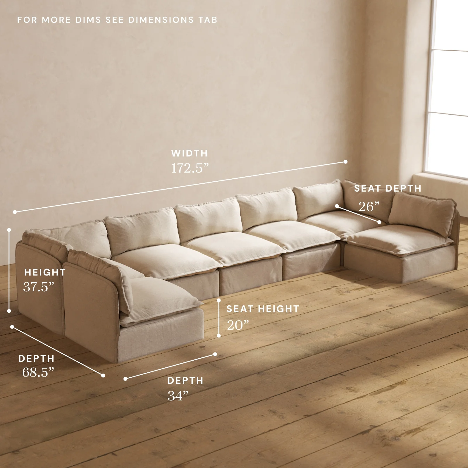 Modular Washable 7-Seater Open-Ends U-Sectional in Oat | Memorix+ Seat | Contour Pillow - Image 5