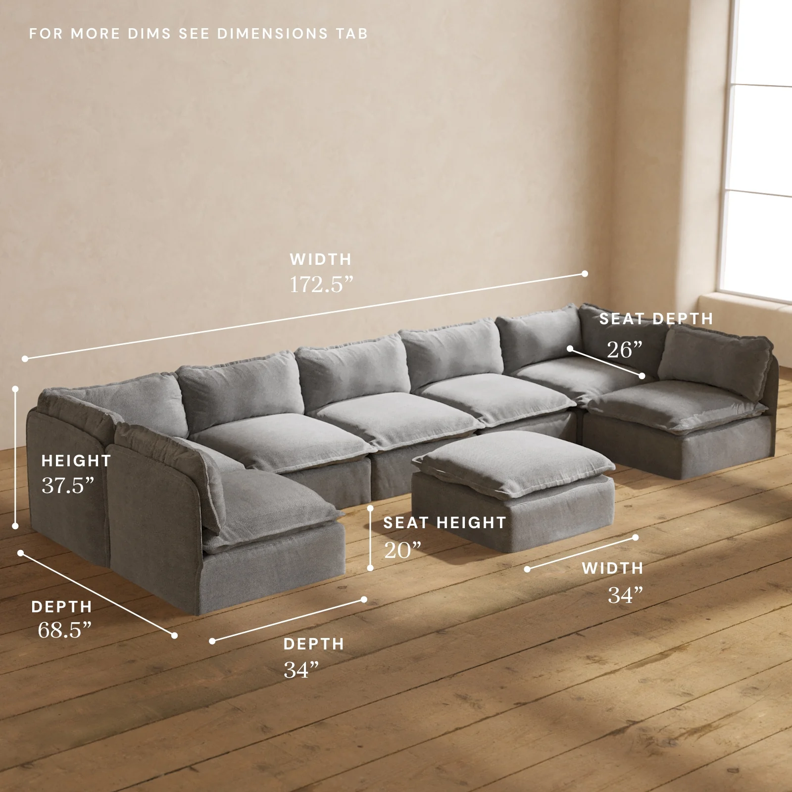 Modular Washable 7-Seater Open-Ends U-Sectional + Ottoman in Ash | Deluxe+ Seat | Cloud Pillow - Image 5