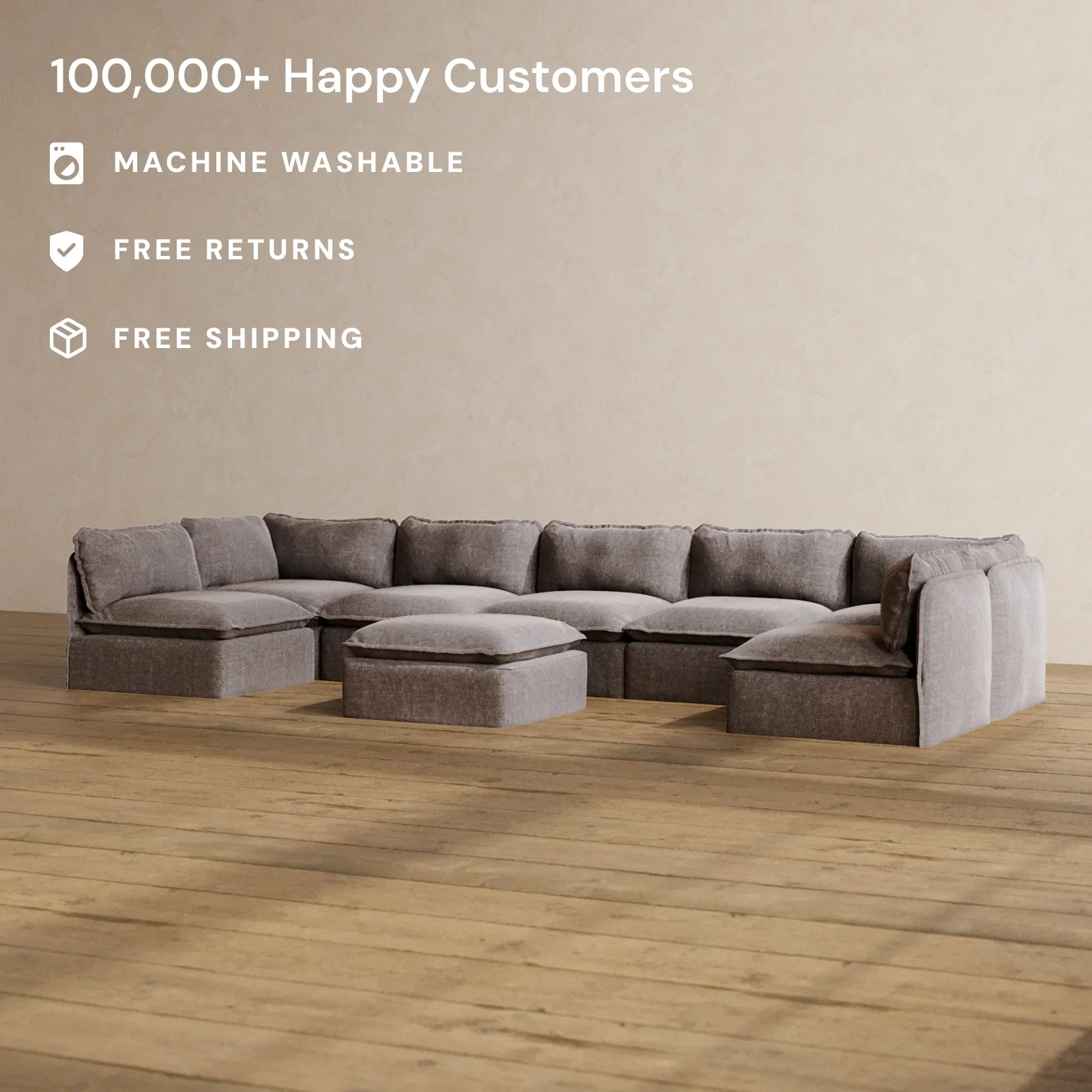 Modular Washable 7-Seater Open-Ends U-Sectional + Ottoman in Caviar | Deluxe+ Seat | Cloud Pillow - Image 2