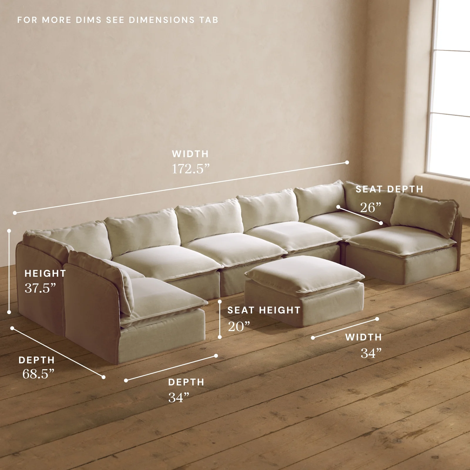 Modular Washable 7-Seater Open-Ends U-Sectional + Ottoman in Coco | Deluxe+ Seat | Cloud Pillow - Image 5