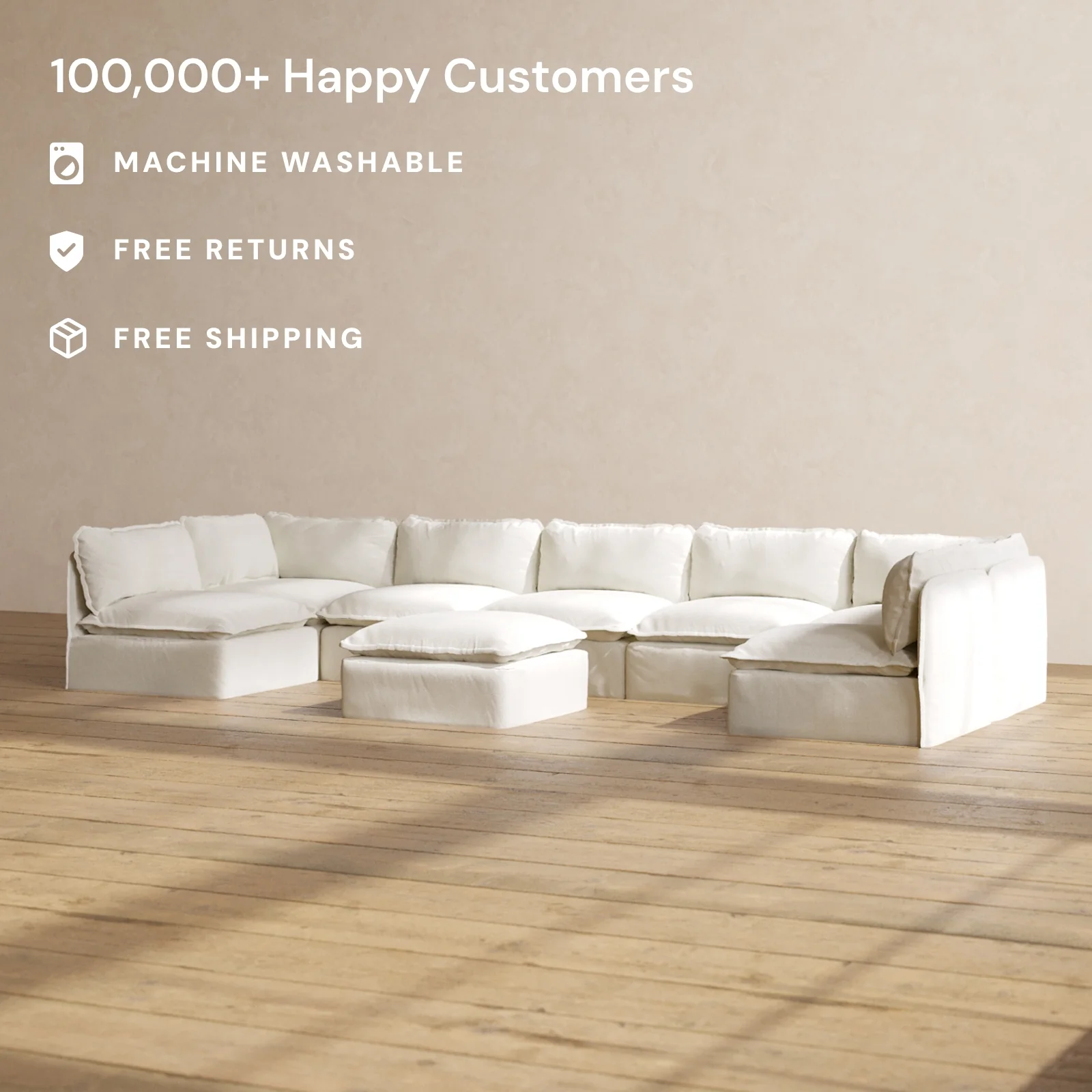 Modular Washable 7-Seater Open-Ends U-Sectional + Ottoman in Eggshell | Deluxe+ Seat | Cloud Pillow - Image 2