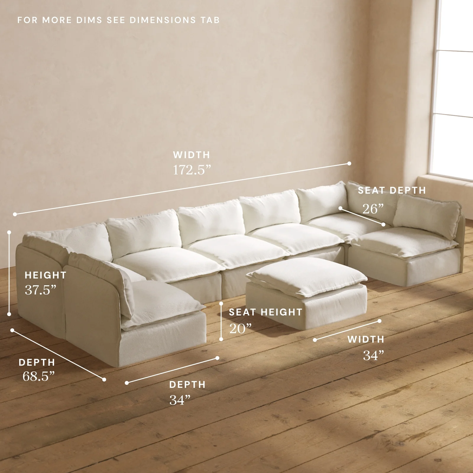 Modular Washable 7-Seater Open-Ends U-Sectional + Ottoman in Eggshell | Memorix+ Seat | Contour Pillow - Image 5
