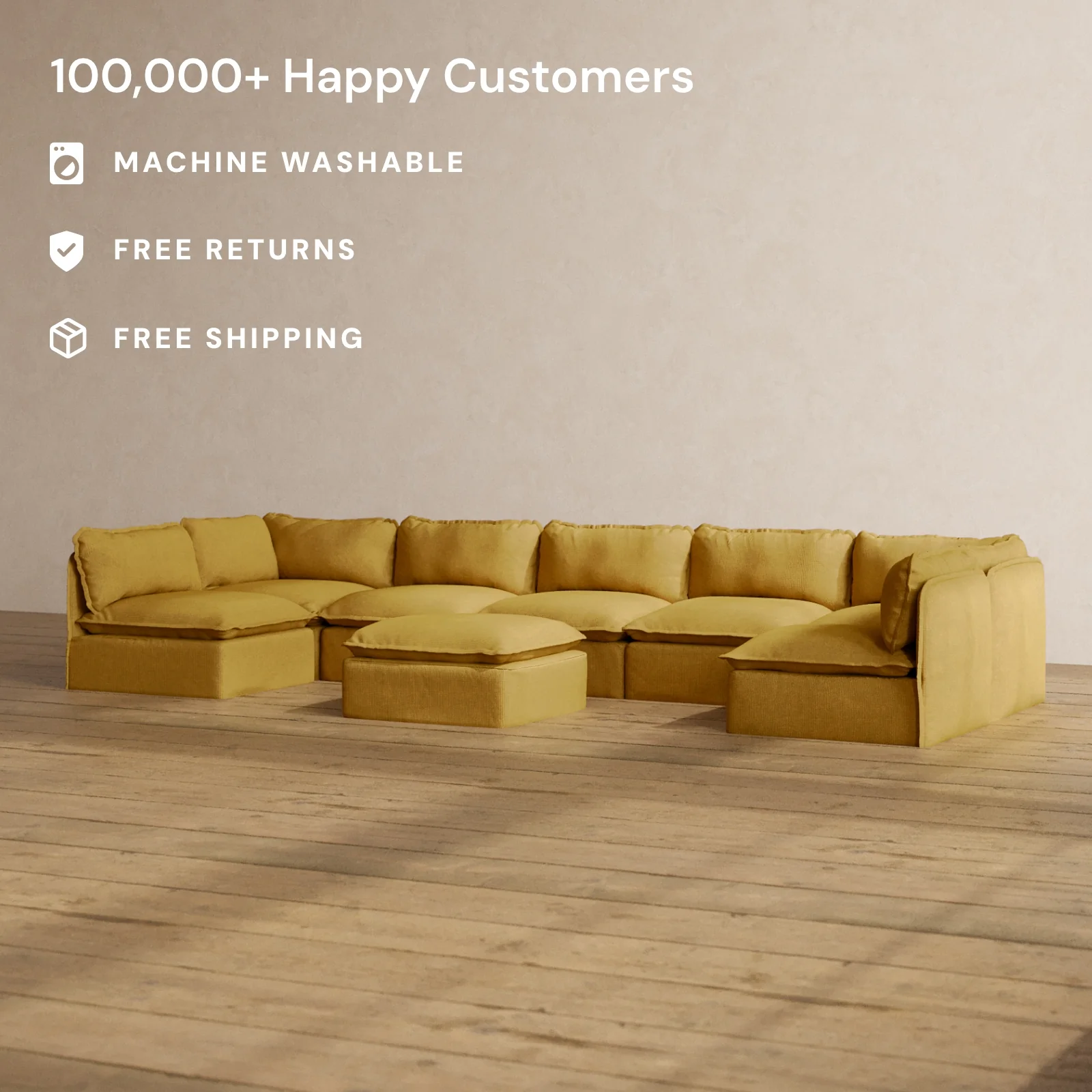 Modular Washable 7-Seater Open-Ends U-Sectional + Ottoman in Kiiro | Deluxe+ Seat | Cloud Pillow - Image 2