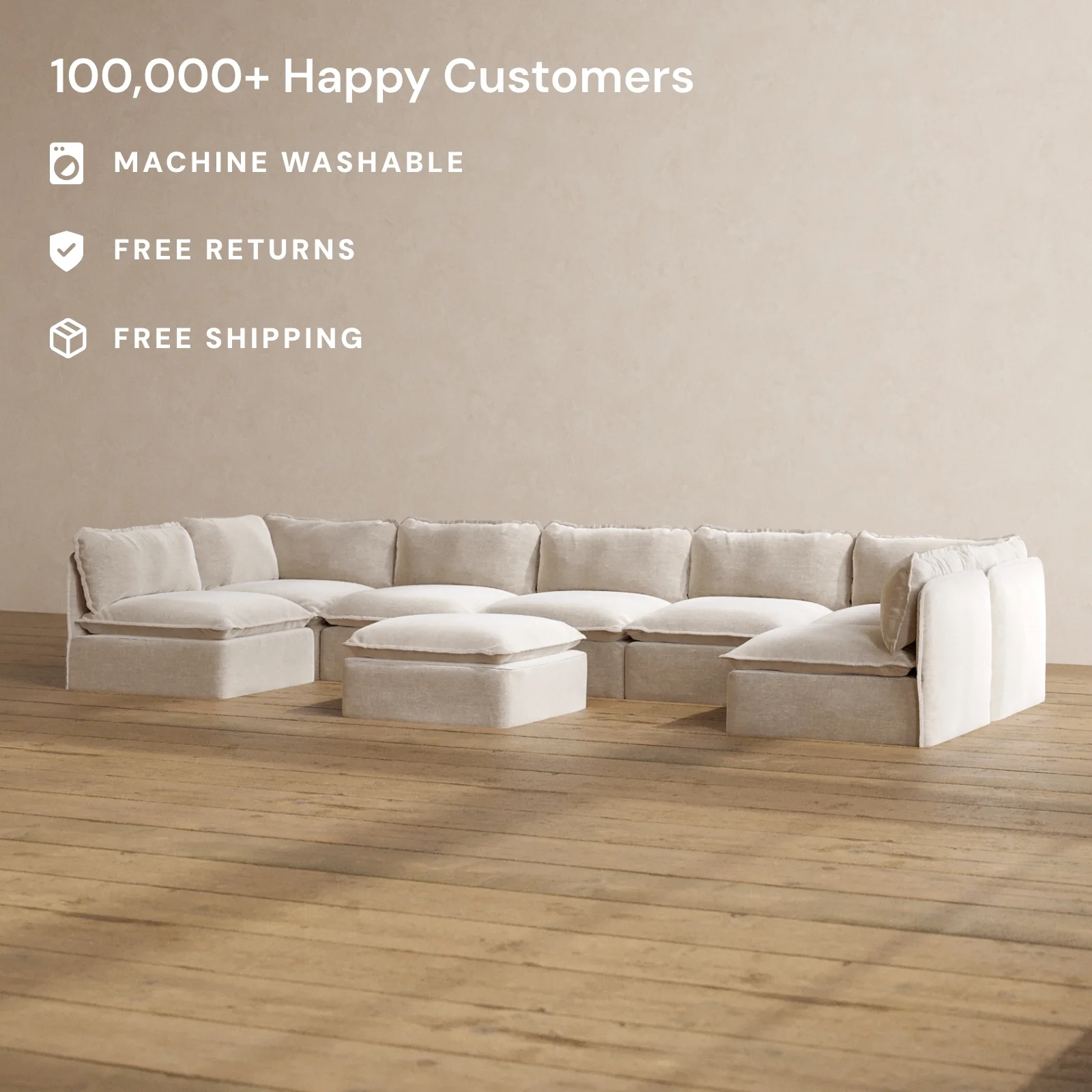 Modular Washable 7-Seater Open-Ends U-Sectional + Ottoman in Mist | Deluxe+ Seat | Cloud Pillow - Image 2