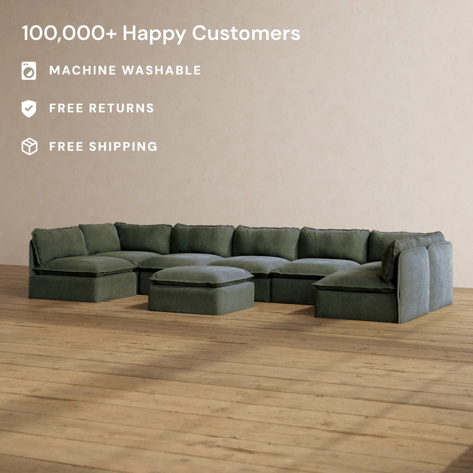 Modular Washable 7-Seater Open-Ends U-Sectional + Ottoman in Olivine | Deluxe+ Seat | Cloud Pillow - Image 2