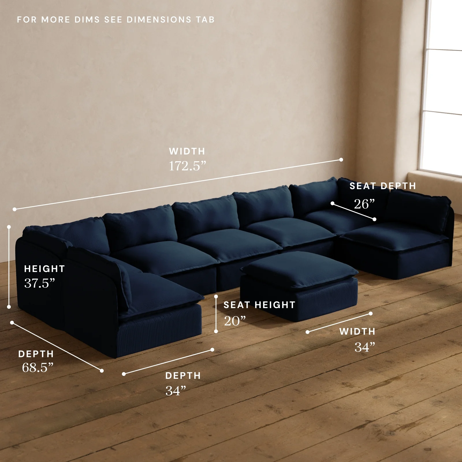 Modular Washable 7-Seater Open-Ends U-Sectional + Ottoman in Sumi | Deluxe+ Seat | Cloud Pillow - Image 5