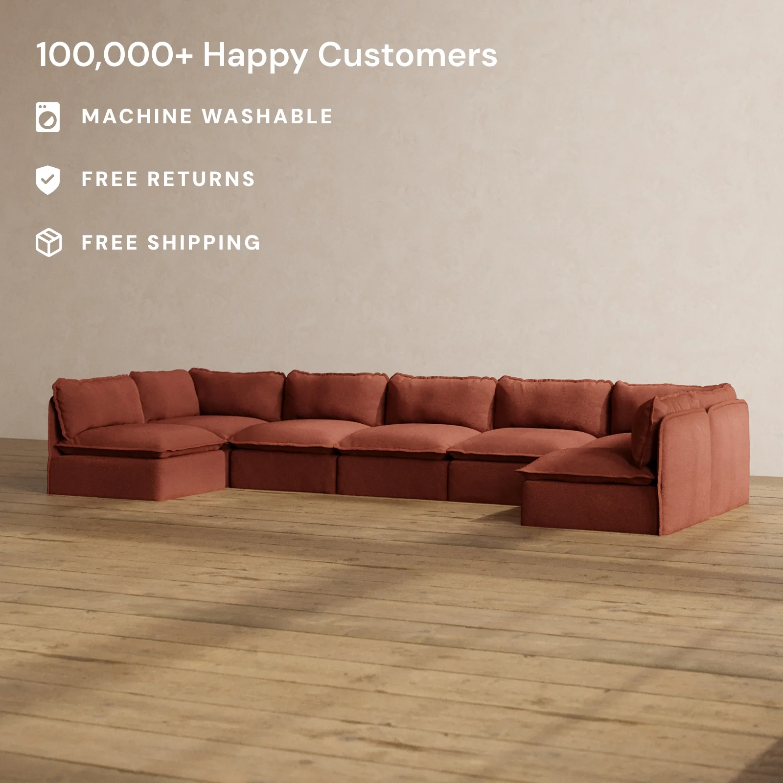 Modular Washable 7-Seater Open-Ends U-Sectional in Rust | Deluxe+ Seat | Cloud Pillow - Image 2
