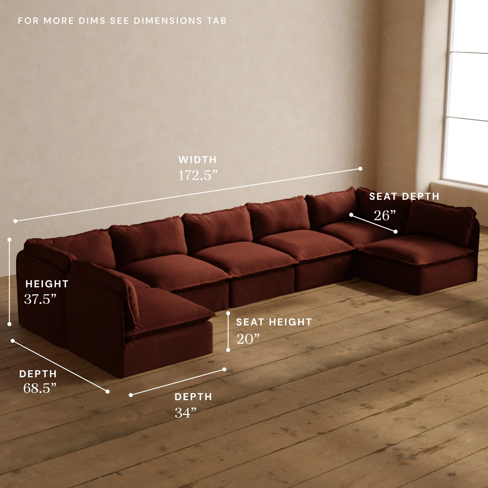 Modular Washable 7-Seater Open-Ends U-Sectional in Rust | Memorix+ Seat | Contour Pillow - Image 5