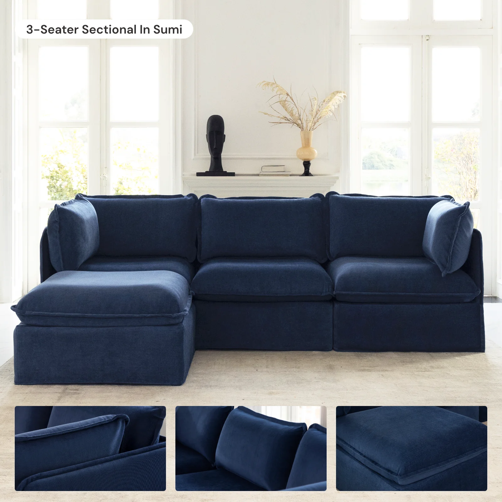 Modular Washable 7-Seater Open-Ends U-Sectional in Sumi | Deluxe+ Seat | Cloud Pillow - Image 7