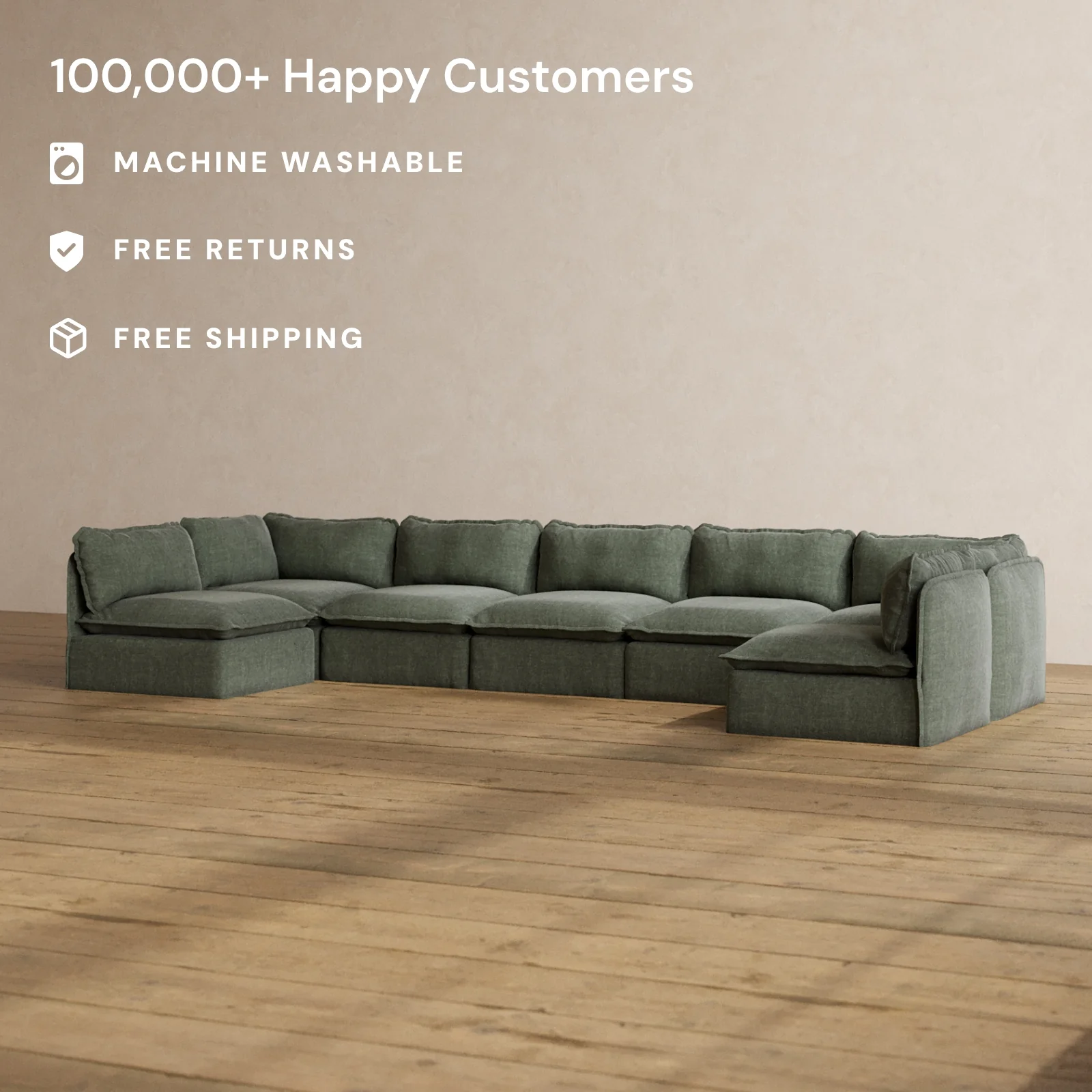 Modular Washable 7-Seater Open-Ends U-Sectional in Willow | Deluxe+ Seat | Cloud Pillow - Image 2