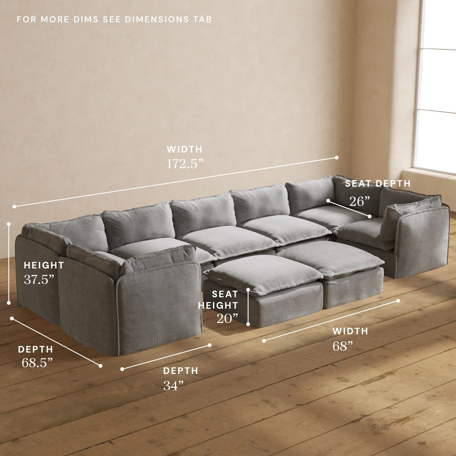 Modular Washable 7-Seater U-Sectional + Bench Ottoman in Ash | Deluxe+ Seat | Cloud Pillow - Image 5