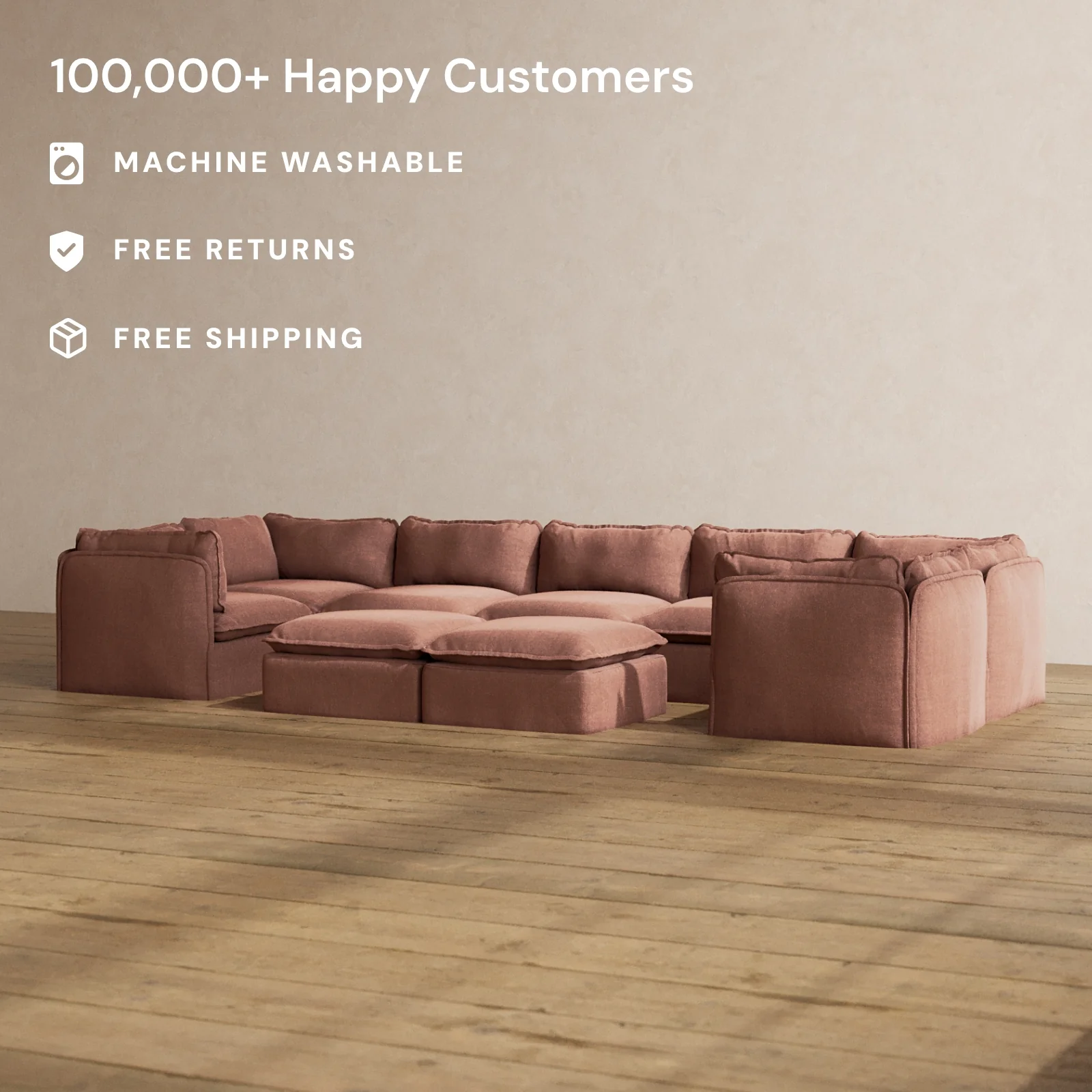 Modular Washable 7-Seater U-Sectional + Bench Ottoman in Chestnut | Memorix+ Seat | Contour Pillow - Image 2
