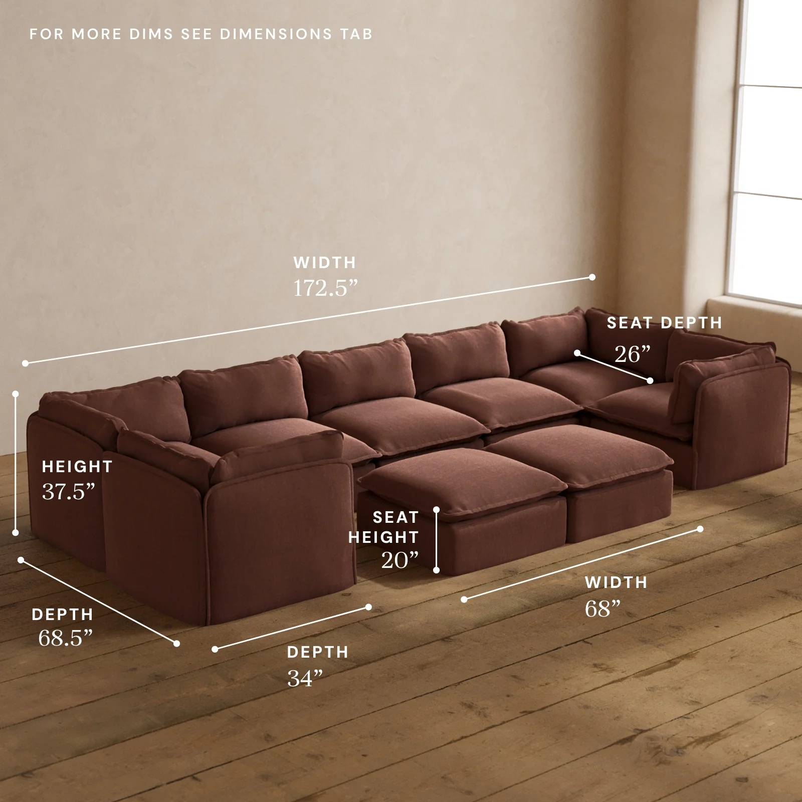 Modular Washable 7-Seater U-Sectional + Bench Ottoman in Chestnut | Memorix+ Seat | Contour Pillow - Image 5