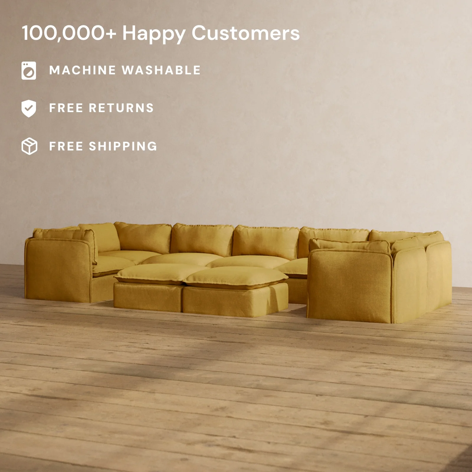 Modular Washable 7-Seater U-Sectional + Bench Ottoman in Kiiro | Memorix+ Seat | Contour Pillow - Image 2