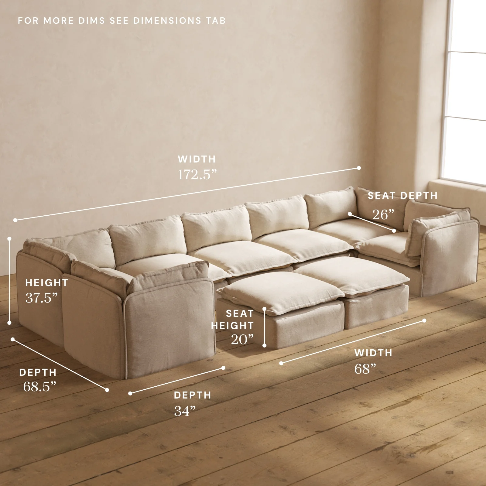 Modular Washable 7-Seater U-Sectional + Bench Ottoman in Oat | Deluxe+ Seat | Cloud Pillow - Image 5