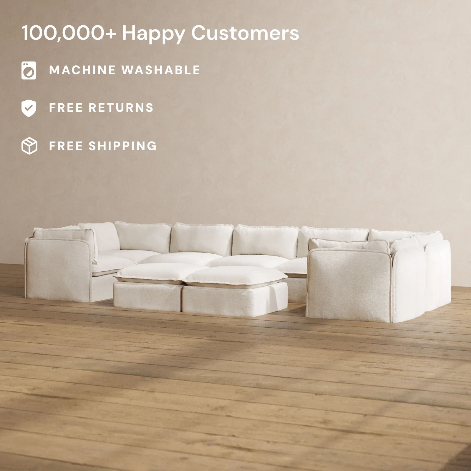 Modular Washable 7-Seater U-Sectional + Bench Ottoman in Powder | Deluxe+ Seat | Cloud Pillow - Image 2