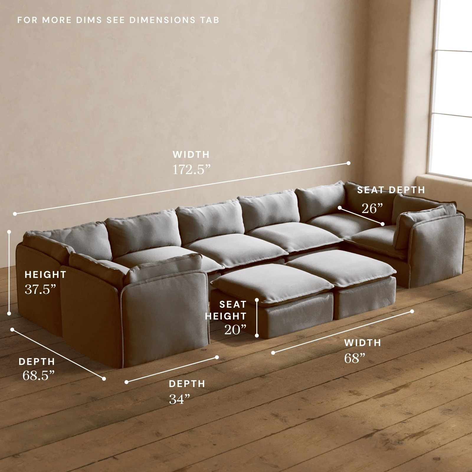 Modular Washable 7-Seater U-Sectional + Bench Ottoman in Pumice | Memorix+ Seat | Contour Pillow - Image 5