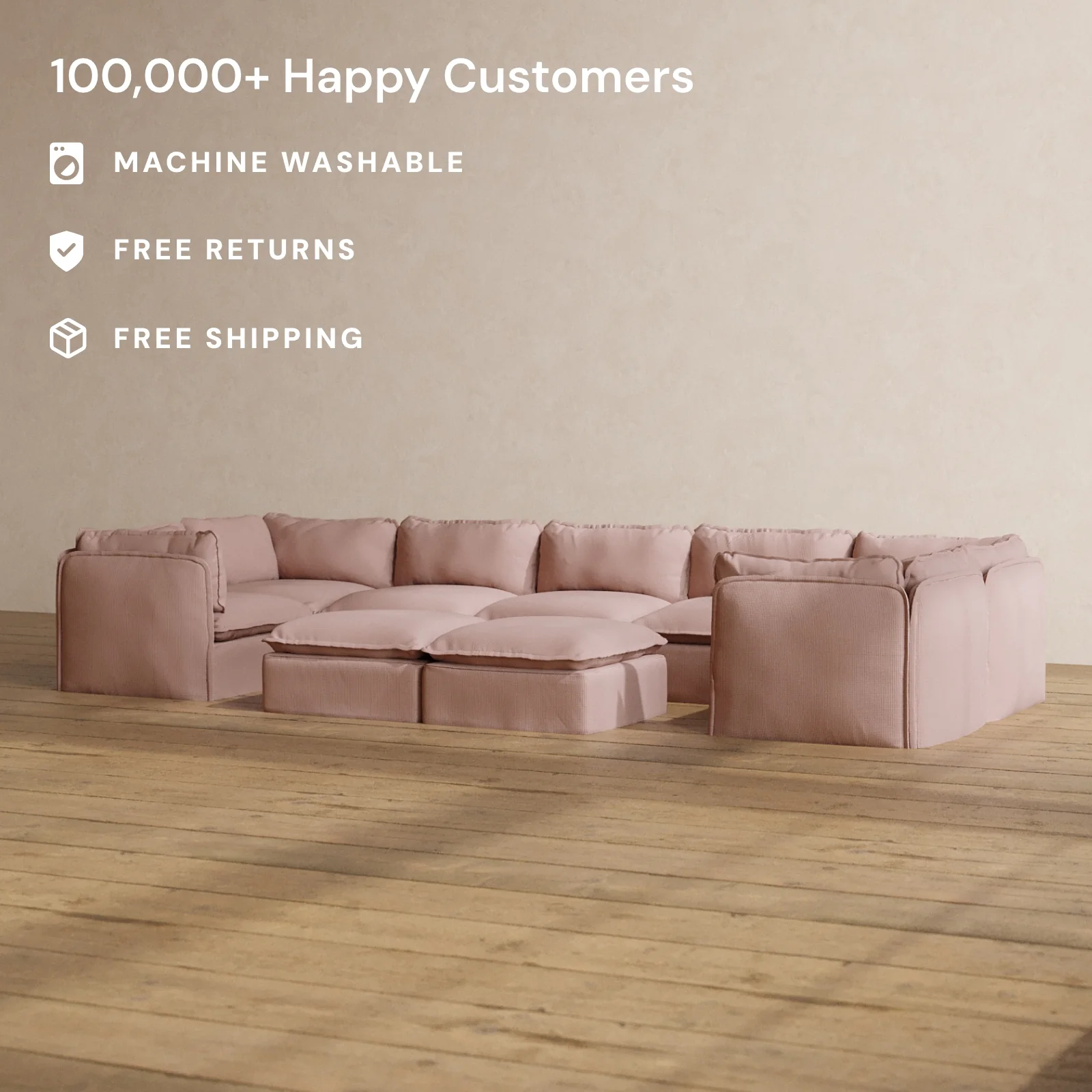 Modular Washable 7-Seater U-Sectional + Bench Ottoman in Sakura | Memorix+ Seat | Contour Pillow - Image 2