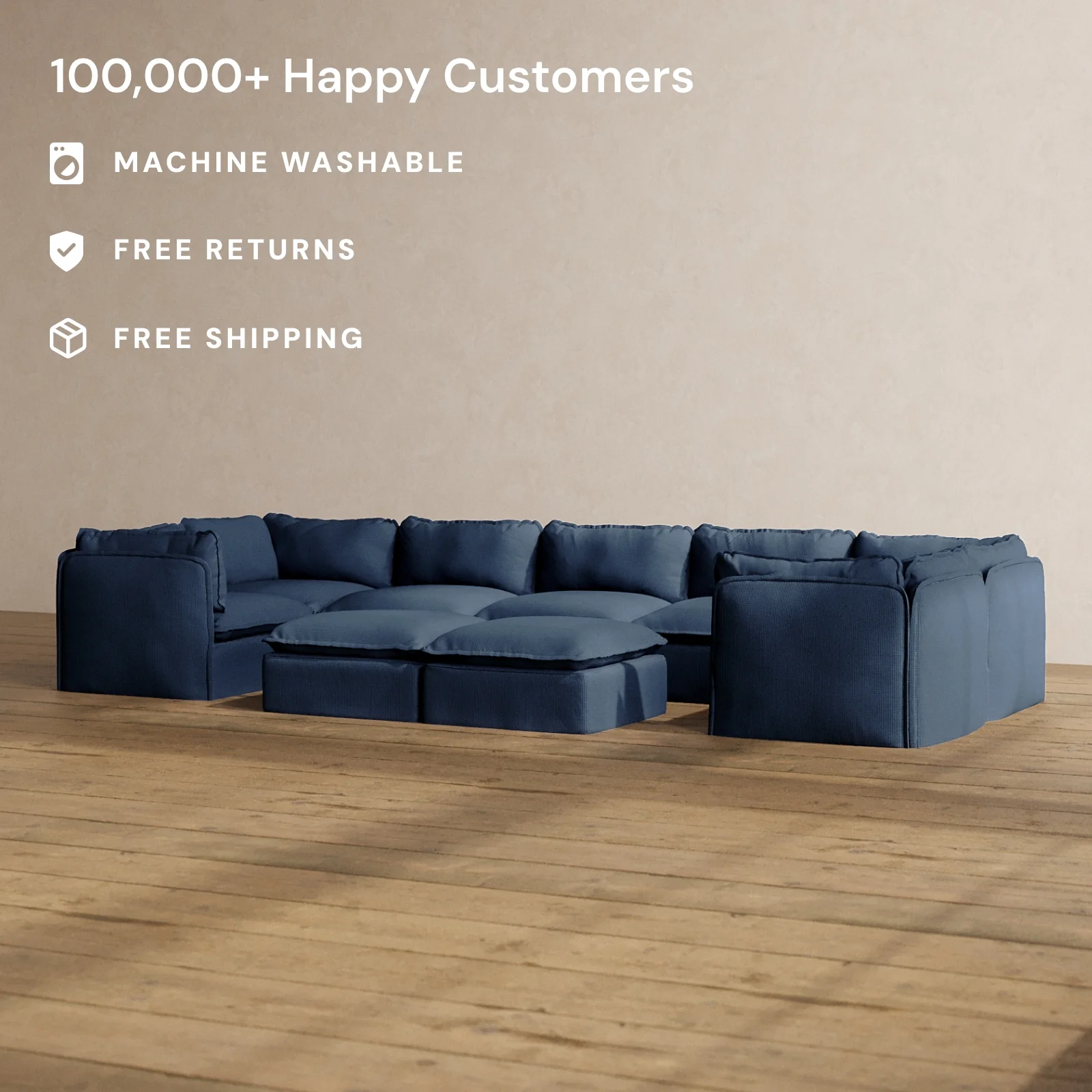 Modular Washable 7-Seater U-Sectional + Bench Ottoman in Sumi | Deluxe+ Seat | Cloud Pillow - Image 2