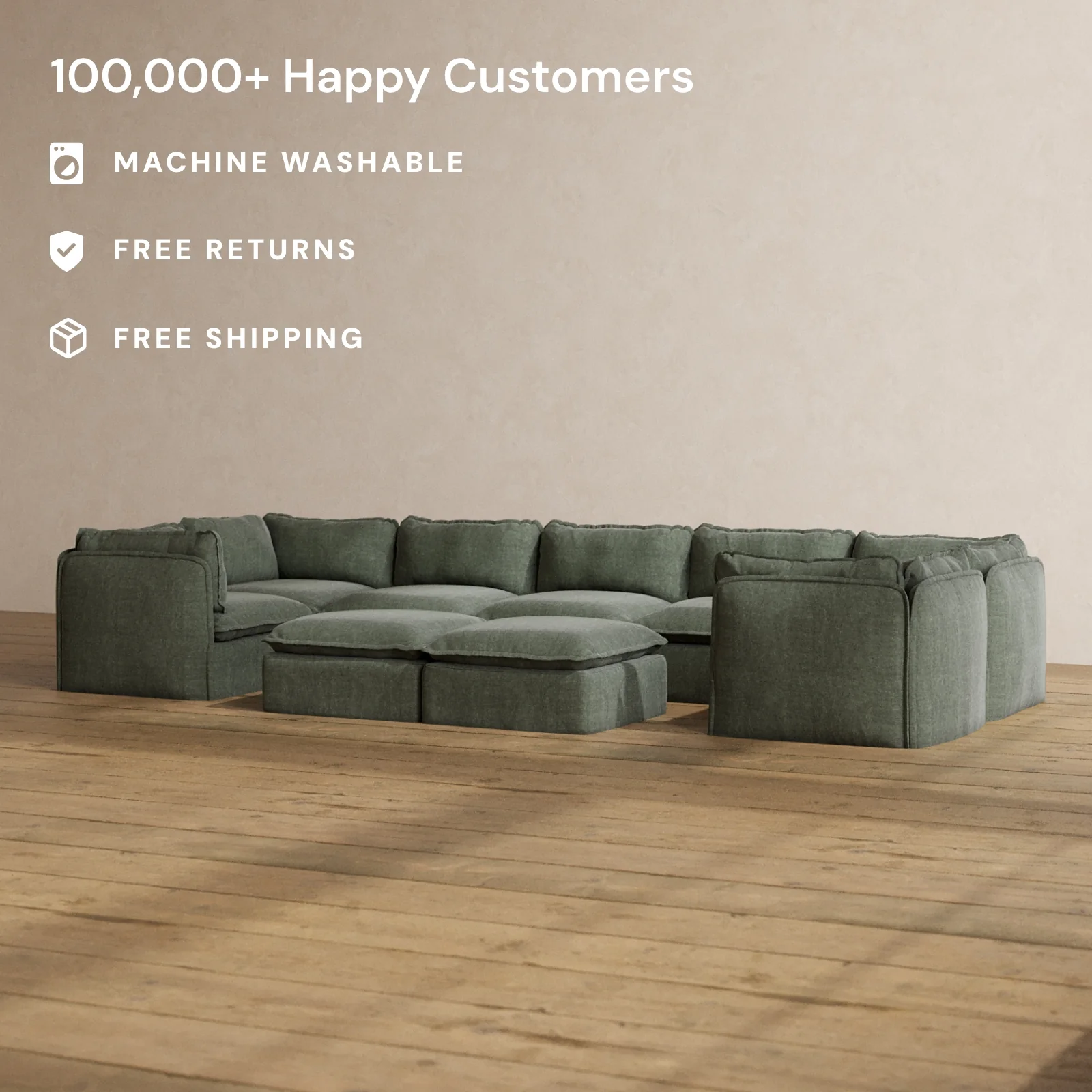 Modular Washable 7-Seater U-Sectional + Bench Ottoman in Willow | Memorix+ Seat | Contour Pillow - Image 2
