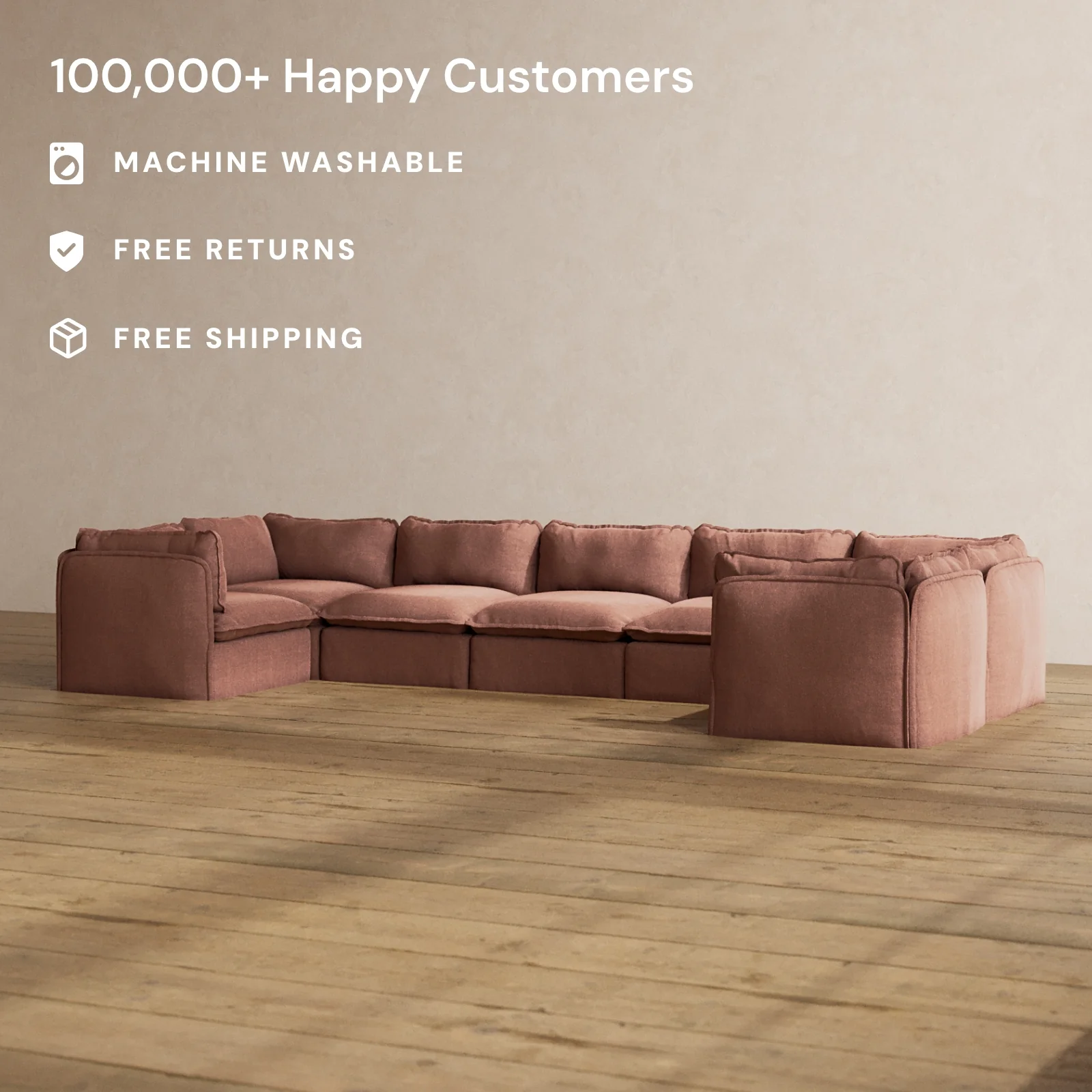 Modular Washable 7-Seater U-Sectional in Chestnut | Deluxe+ Seat | Cloud Pillow - Image 2