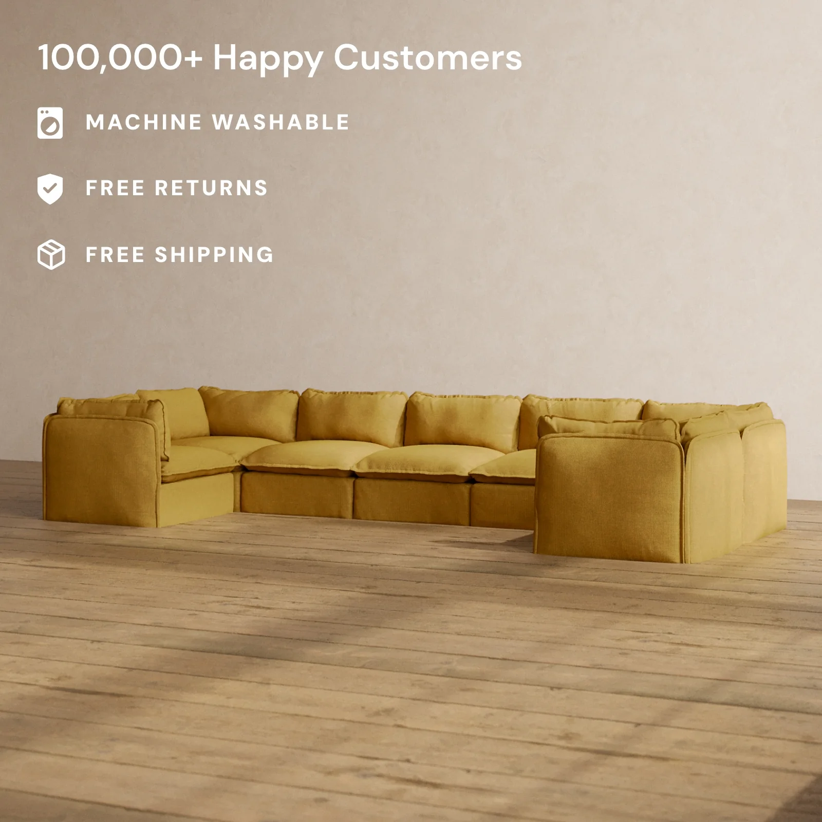 Modular Washable 7-Seater U-Sectional in Kiiro | Memorix+ Seat | Contour Pillow - Image 2