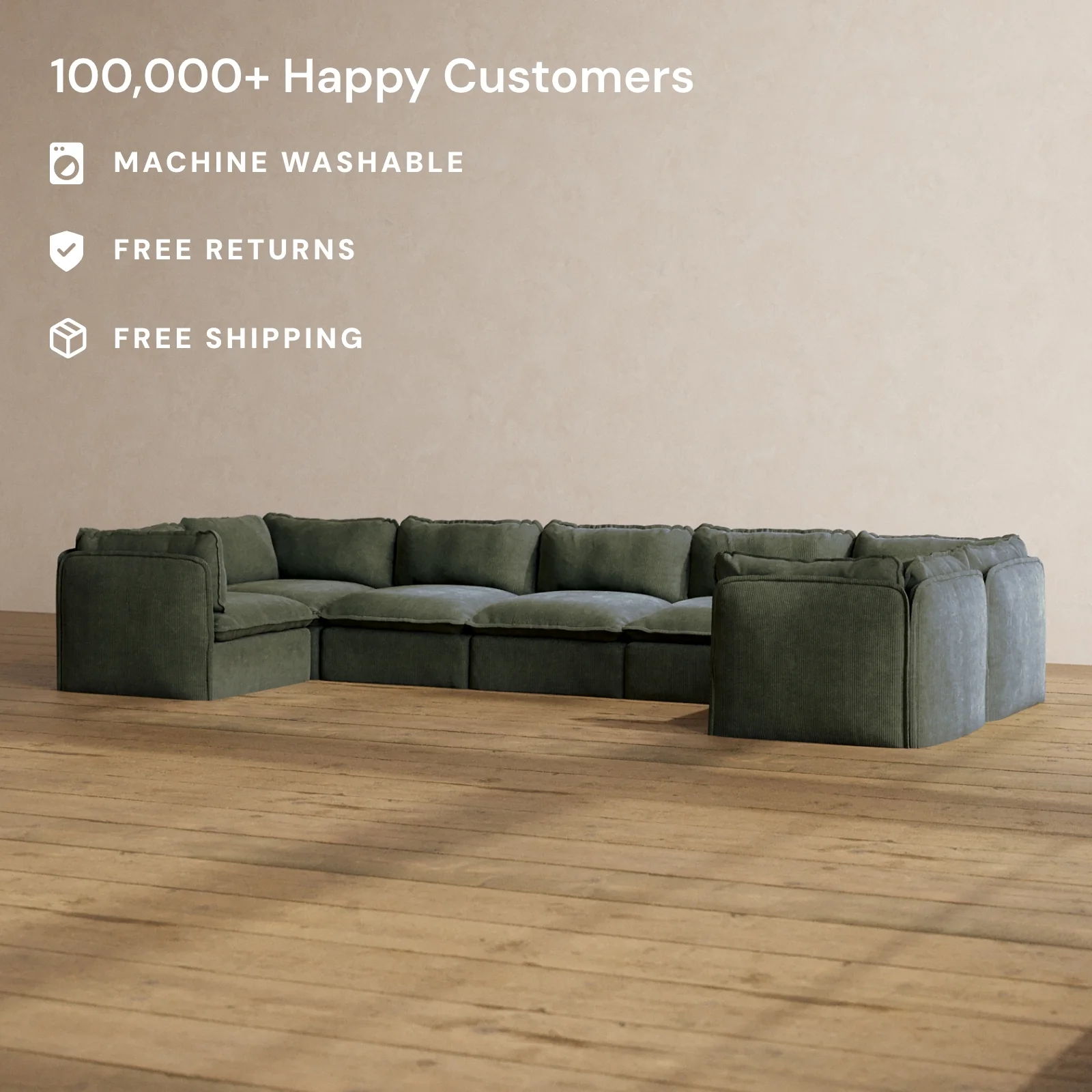 Modular Washable 7-Seater U-Sectional in Olivine | Deluxe+ Seat | Cloud Pillow - Image 2