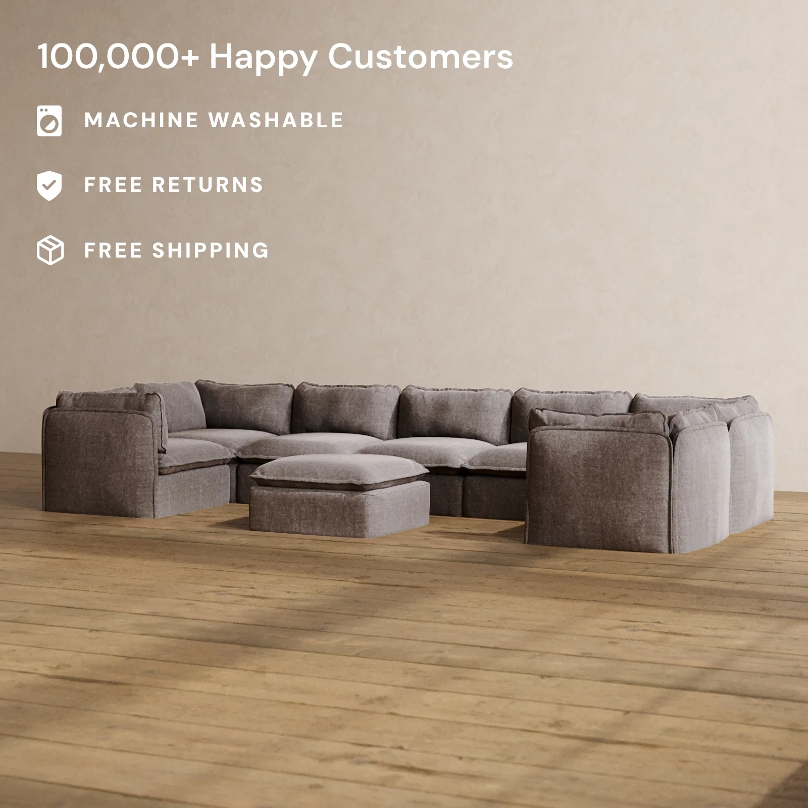 Modular Washable 7-Seater U-Sectional + Ottoman in Caviar | Deluxe+ Seat | Cloud Pillow - Image 2