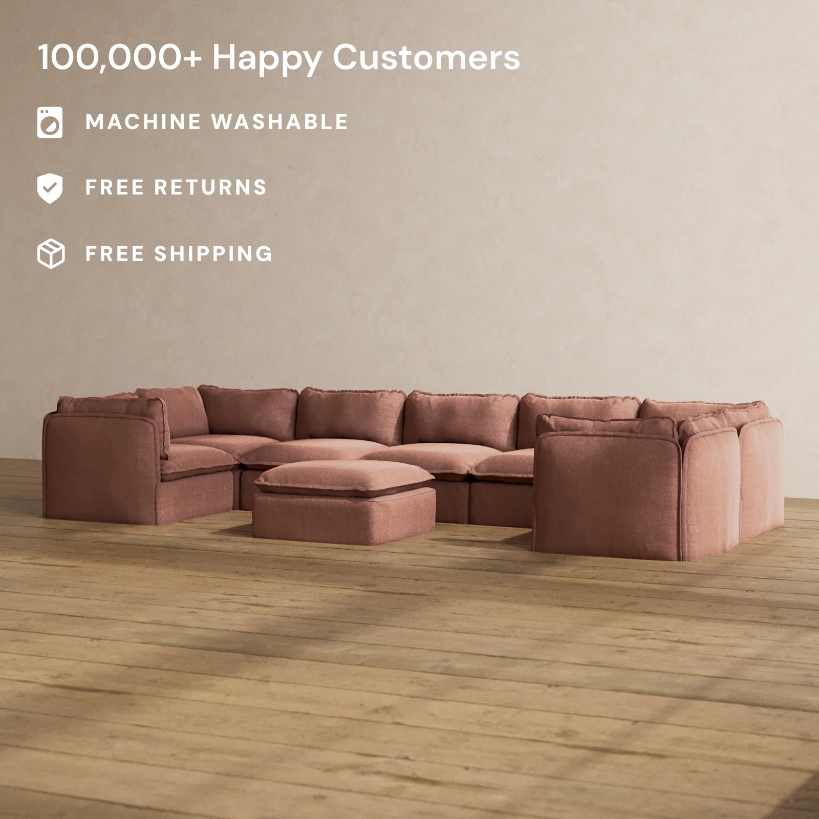 Modular Washable 7-Seater U-Sectional + Ottoman in Chestnut | Deluxe+ Seat | Cloud Pillow - Image 2