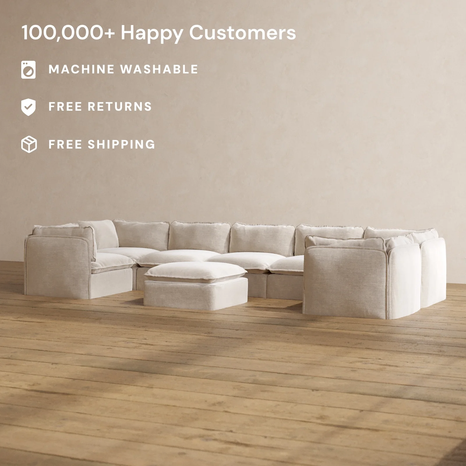 Modular Washable 7-Seater U-Sectional + Ottoman in Mist | Memorix+ Seat | Contour Pillow - Image 2