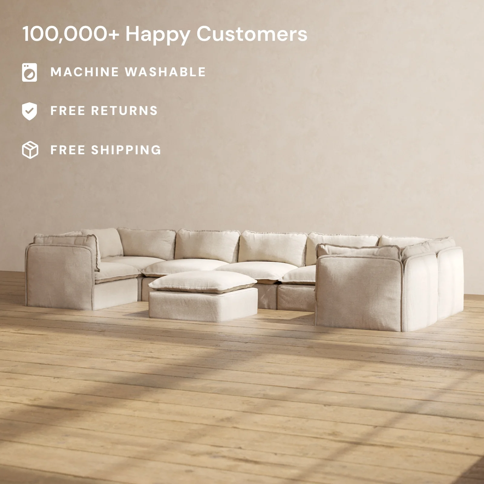 Modular Washable 7-Seater U-Sectional + Ottoman in Oat | Deluxe+ Seat | Cloud Pillow - Image 2