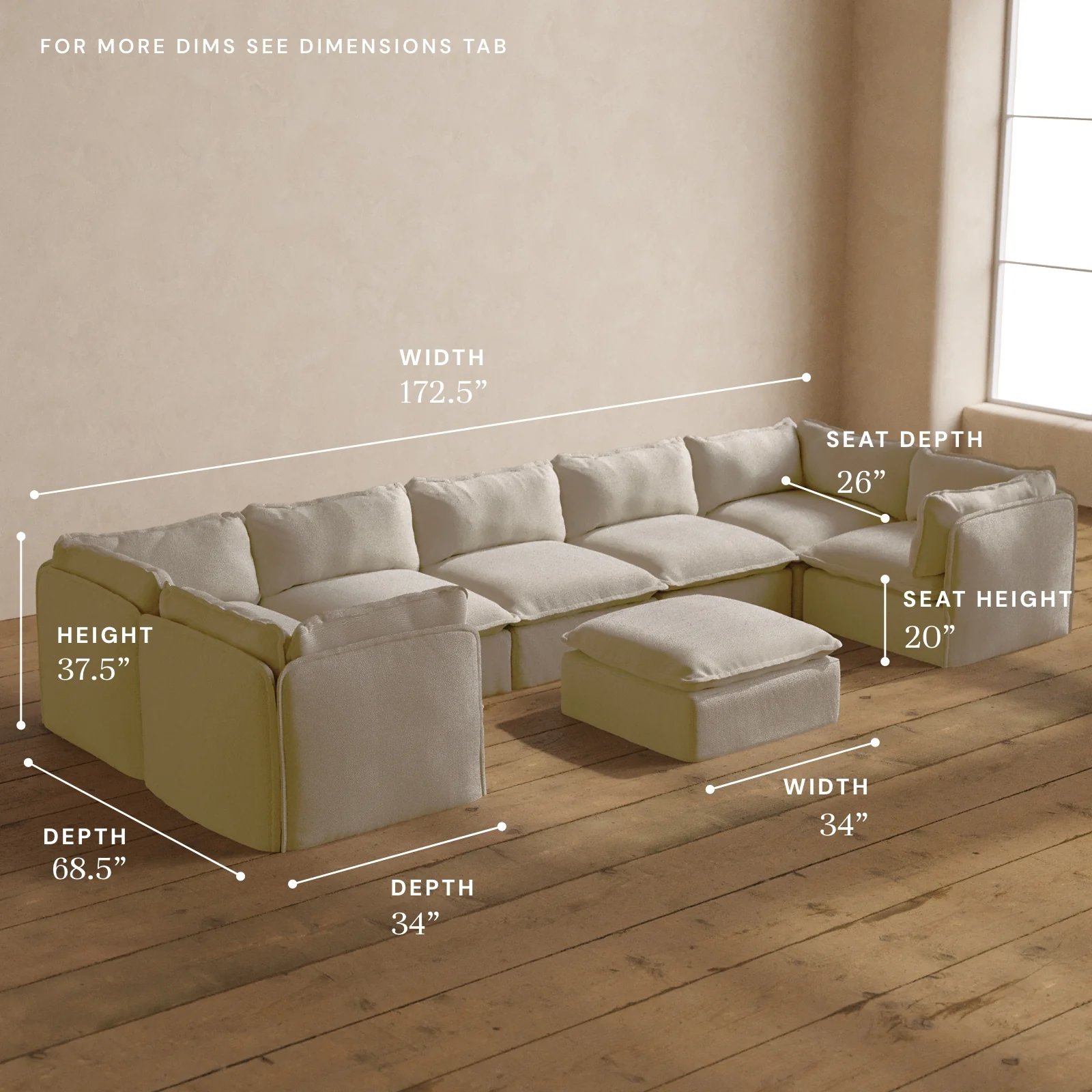 Modular Washable 7-Seater U-Sectional + Ottoman in Powder | Deluxe+ Seat | Cloud Pillow - Image 5