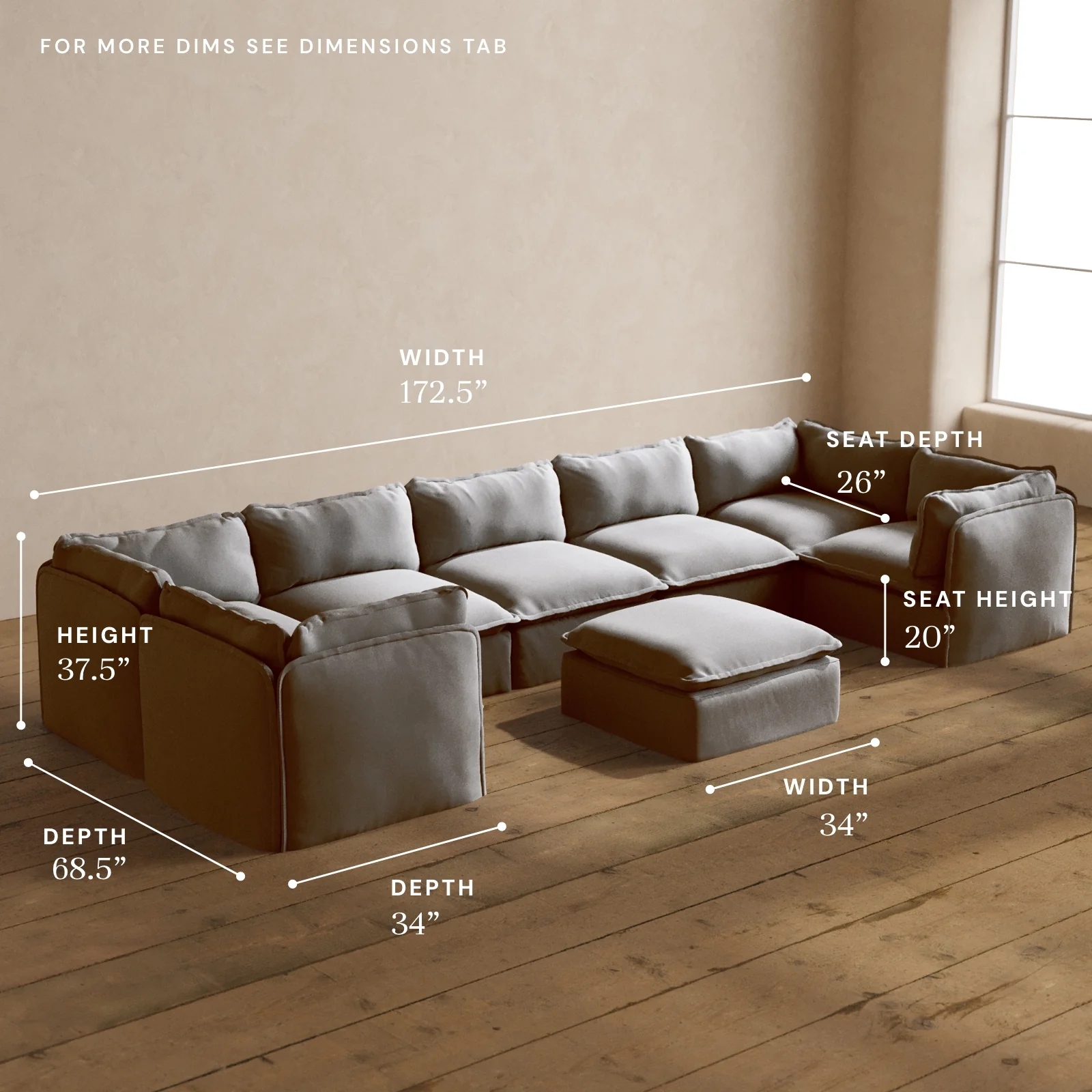 Modular Washable 7-Seater U-Sectional + Ottoman in Pumice | Memorix+ Seat | Contour Pillow - Image 5