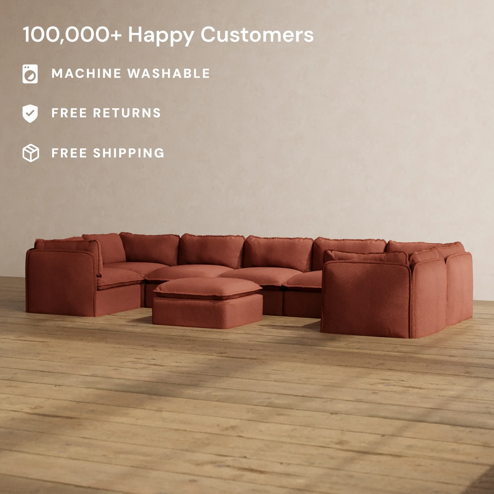 Modular Washable 7-Seater U-Sectional + Ottoman in Rust | Deluxe+ Seat | Cloud Pillow - Image 2