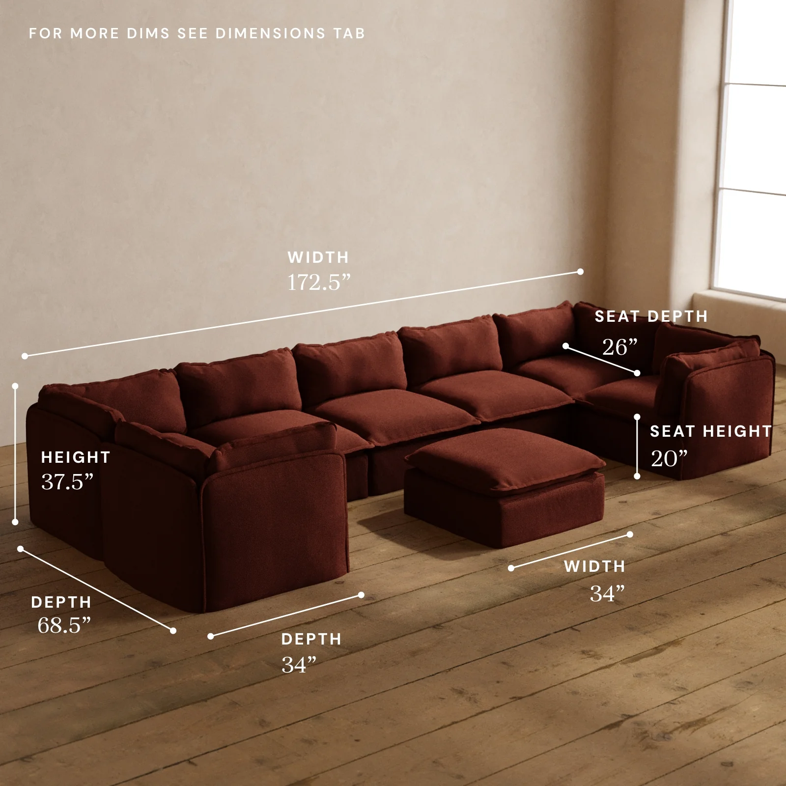Modular Washable 7-Seater U-Sectional + Ottoman in Rust | Memorix+ Seat | Contour Pillow - Image 5