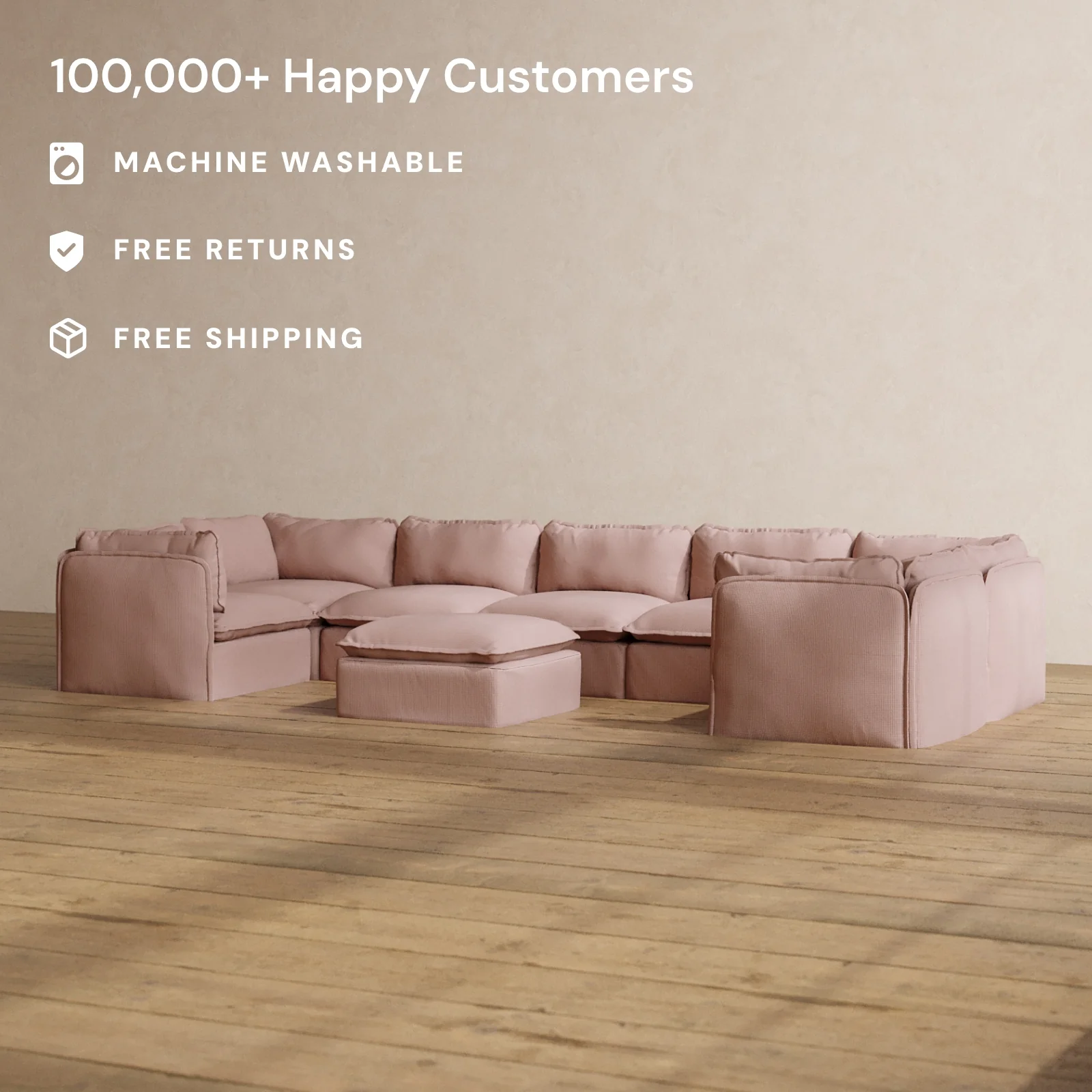Modular Washable 7-Seater U-Sectional + Ottoman in Sakura | Memorix+ Seat | Contour Pillow - Image 2