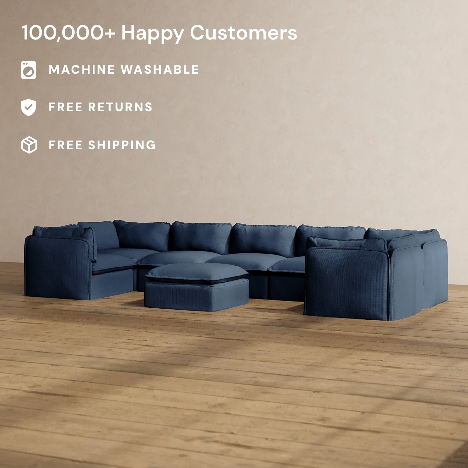 Modular Washable 7-Seater U-Sectional + Ottoman in Sumi | Deluxe+ Seat | Cloud Pillow - Image 2