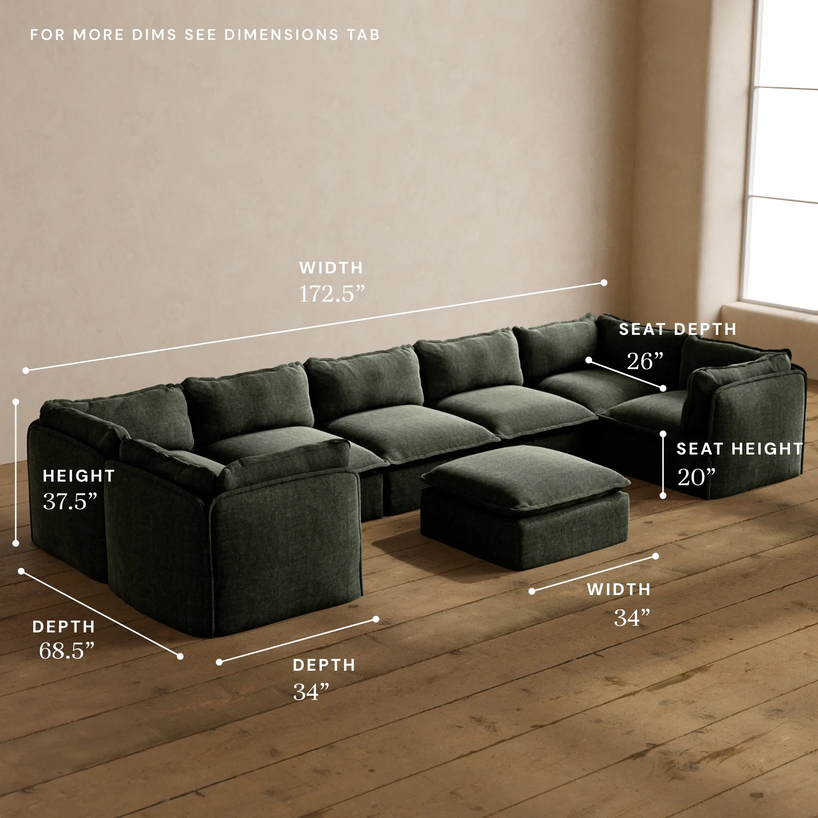 Modular Washable 7-Seater U-Sectional + Ottoman in Willow | Deluxe+ Seat | Cloud Pillow - Image 5