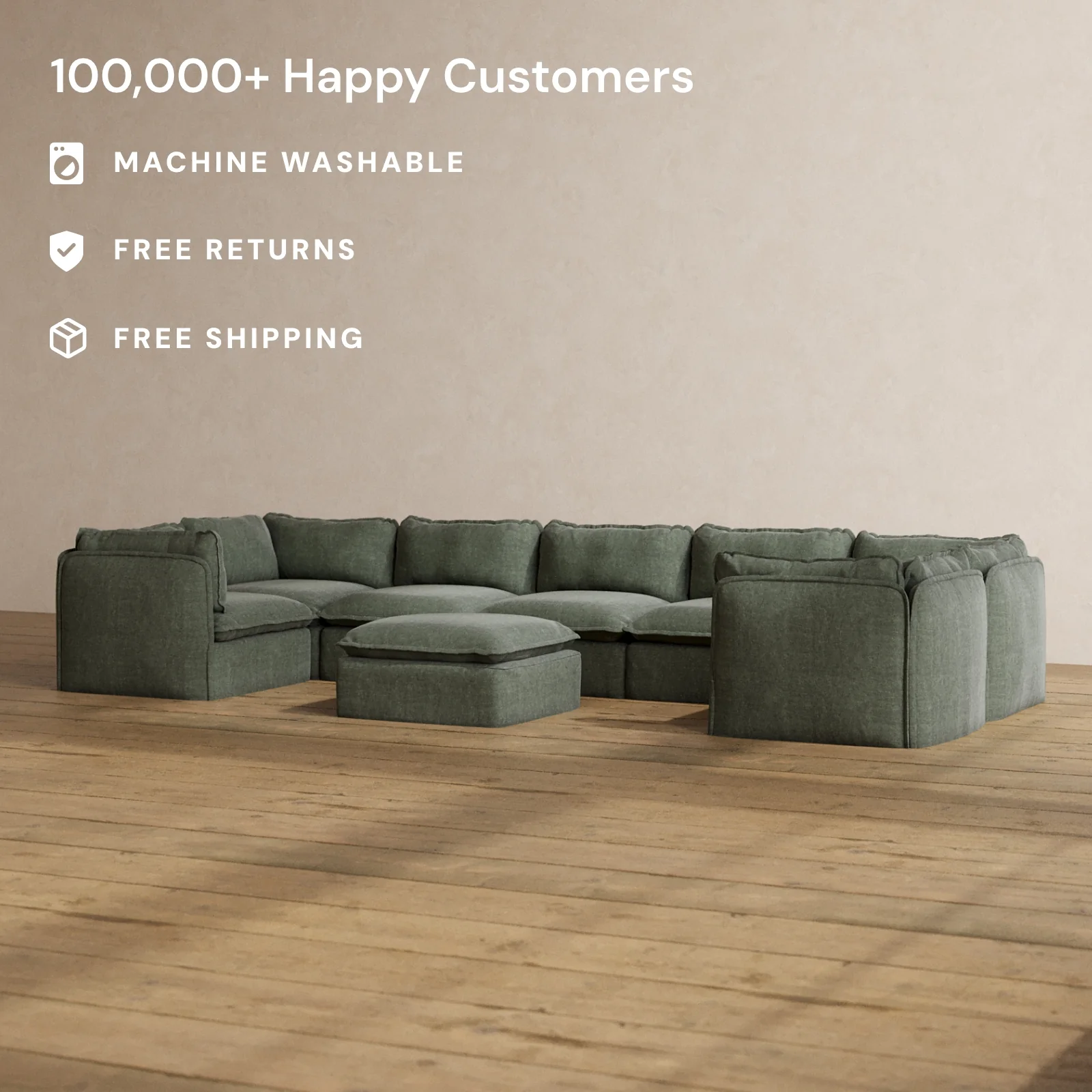 Modular Washable 7-Seater U-Sectional + Ottoman in Willow | Memorix+ Seat | Contour Pillow - Image 2