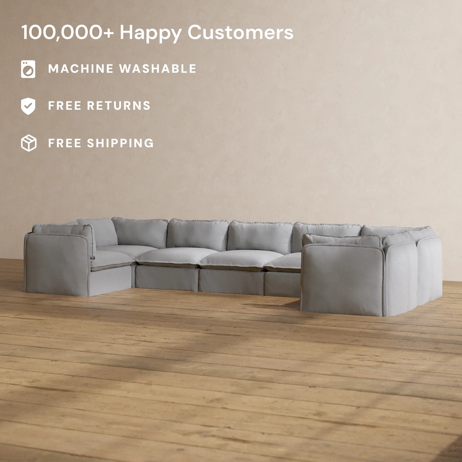 Modular Washable 7-Seater U-Sectional in Pumice | Deluxe+ Seat | Cloud Pillow - Image 2