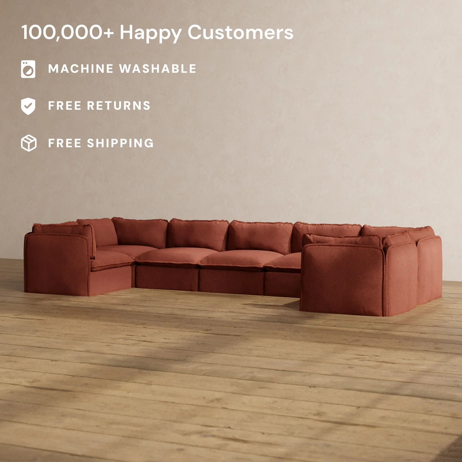 Modular Washable 7-Seater U-Sectional in Rust | Deluxe+ Seat | Cloud Pillow - Image 2