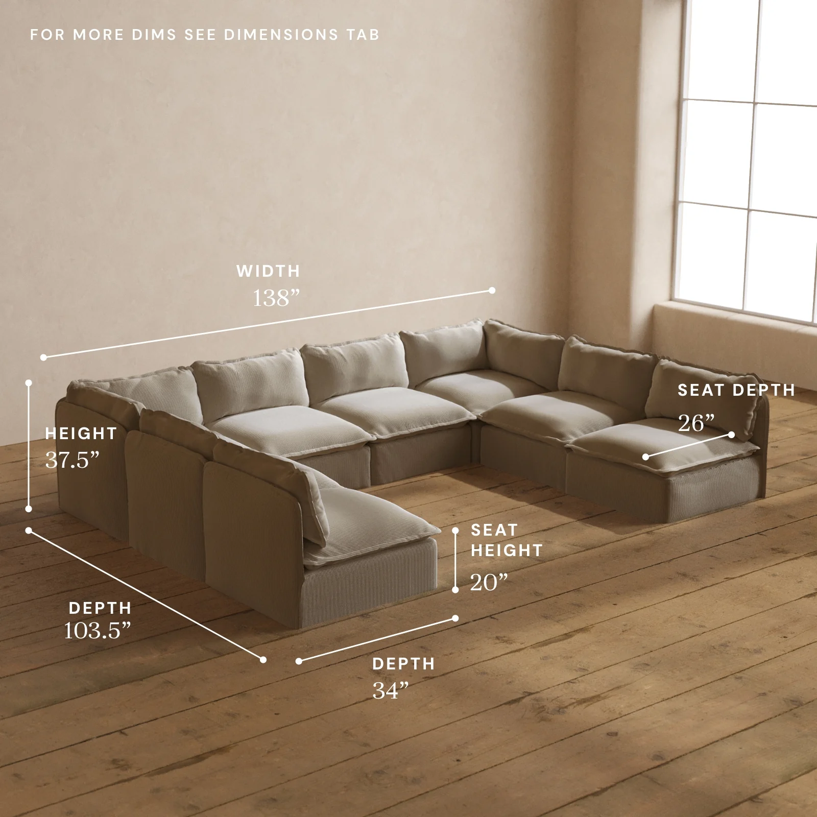 Modular Washable 8-Seater Open-Ends U-Sectional in Milk | Deluxe+ Seat | Cloud Pillow - Image 5