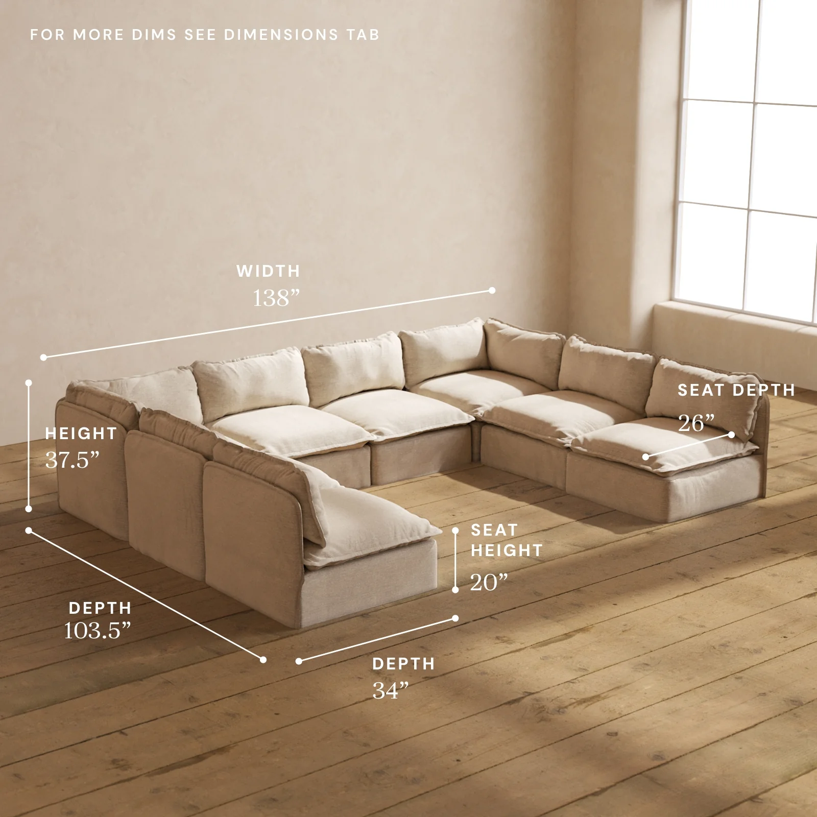 Modular Washable 8-Seater Open-Ends U-Sectional in Oat | Deluxe+ Seat | Cloud Pillow - Image 5