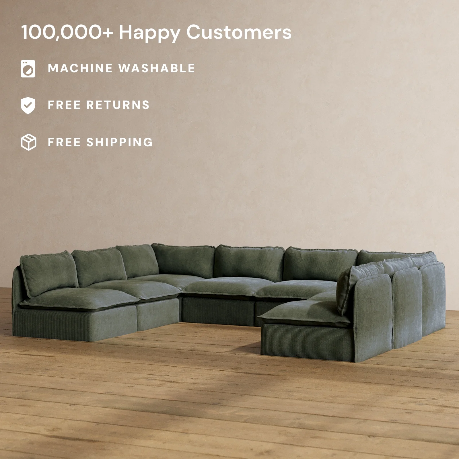 Modular Washable 8-Seater Open-Ends U-Sectional in Olivine | Deluxe+ Seat | Cloud Pillow - Image 2