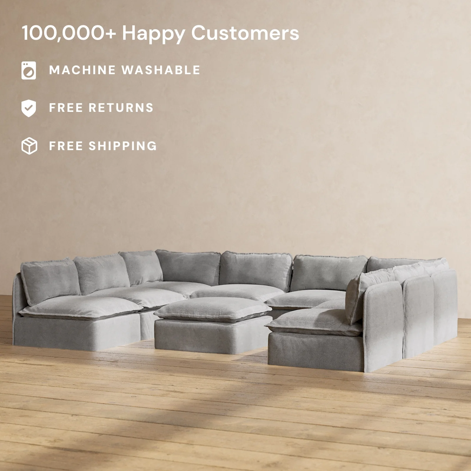 Modular Washable 8-Seater Open-Ends U-Sectional + Ottoman in Ash | Memorix+ Seat | Contour Pillow - Image 2